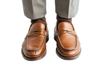 Elegant brown loafers paired with tailored beige trousers for a refined look suitable for formal occasions or casual outings