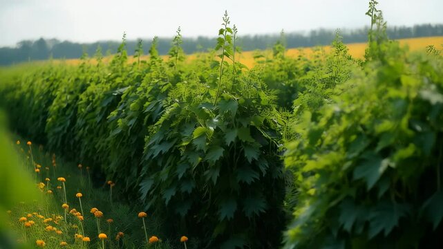 Rows of vibrant golden dandelions and lush green hops create a picturesque scene in a flourishing agricultural field on a bright sunny day.