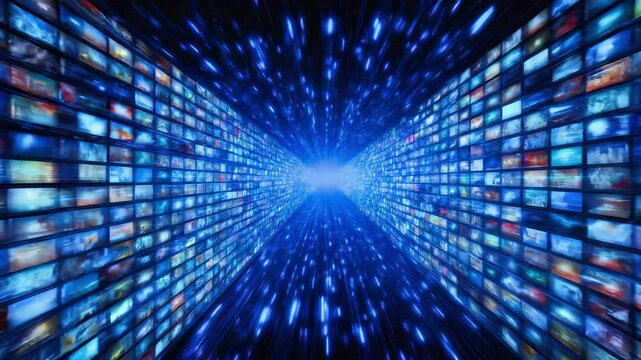 Digital multimedia streaming through blue technology tunnel with multiple screens. Data flow visualization in virtual network with multimedia content walls. High speed information transmission concept
