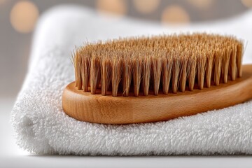 Close-up studio shot of a wooden brush on a soft white towel, showcasing the textures and details of beauty care and self-care products for body treatment.