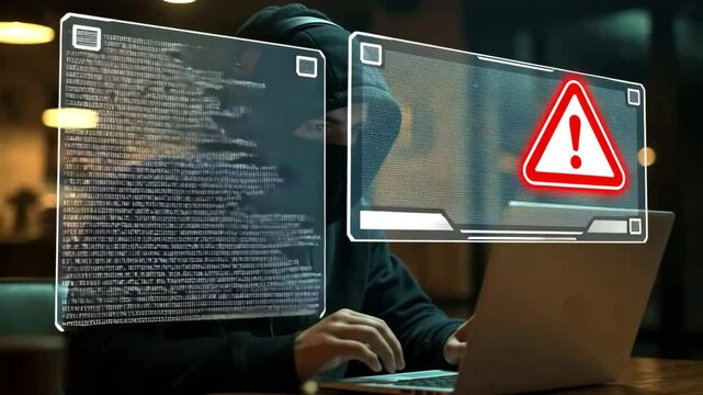 Digital alert window popping up on futuristic screen with warning symbol and program code behind, indicating software error or virus