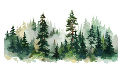 Mountain forest landscape, watercolor pine trees, green woodland scenery, tree illustration, vector illustration, natural environment, peaceful nature, eco landscape, fresh air.