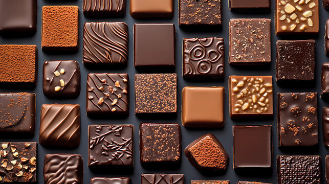 elegant flat lay of artisanal chocolate squares, each crafted with precision and artistic flair