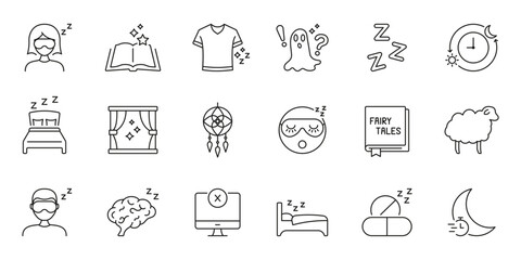 Sleep And Relaxation Line Icon Set. Bedtime Routine, Dream Interpretation, And Sleep Hygiene Outline Symbol Collection. Nighttime Rest And Relaxation. Editable Stroke. Isolated Vector Illustration