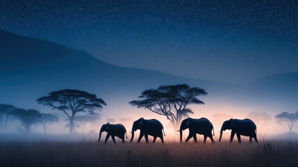 Fototapeta premium Elephants walking under night sky with stars 