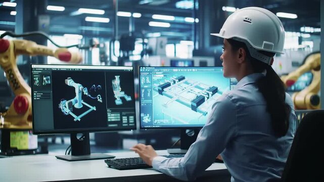 Engineer with hardhat analyzing robotics simulation on dual monitors in manufacturing facility. Industrial workspace features CAD designs, robotic arm, automation software for factory production