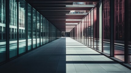 Obraz premium Modern Architectural Corridor with Glass Walls and Shadows