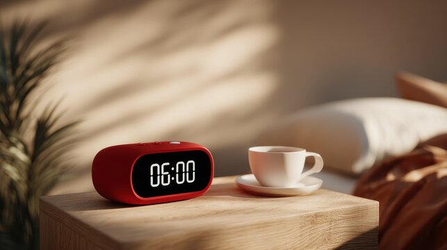 Red digital alarm clock showing 6AM	