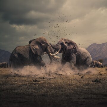 Two elephants fighting in dusty savanna	
