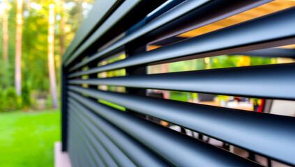 Modern outdoor space with sleek design. Close-up view of stylish slatted exterior featuring a contemporary outdoor living area surrounded by trees.