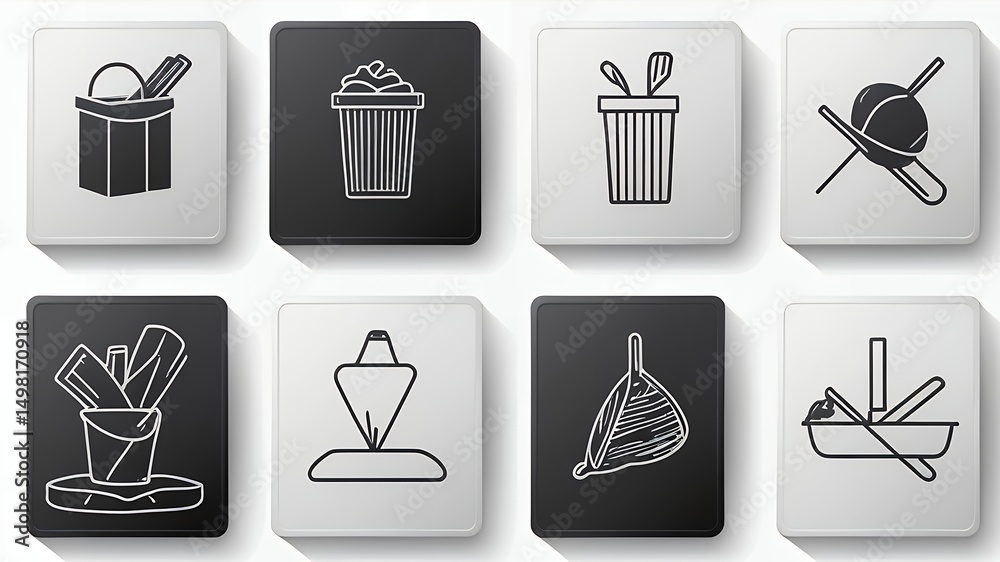 Poster a collection of black and white icons depicting various containers and objects in a grid format