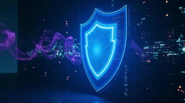 Glowing shield icon with digital data streams and security interface suggesting cybersecurity, encryption, and tech defense themes