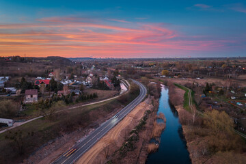 Road in Pruszcz Gdanski at sunset. Poland