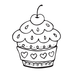 Cute hand drawn cupcake, muffin. Doodle vector illustration.
For greeting cards, posters, posters, labels and seasonal designs recipes, food design, bakery, pastry shops, cafes. White background.