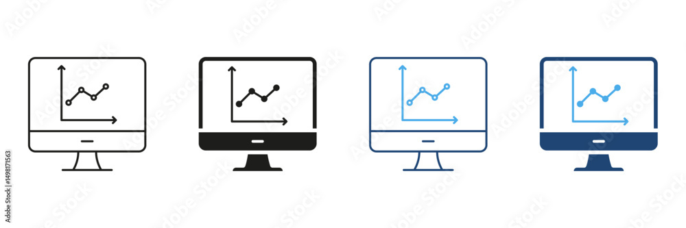 Poster computer monitor with graph line and solid icon set. data analysis, business analytics, performance 