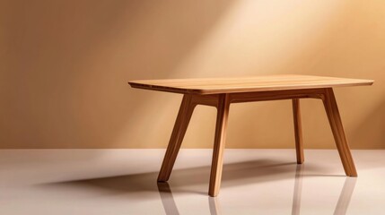 A stylish wooden table with a sleek design stands on a smooth surface in a modern, minimalistic setting. Soft light enhances the warm tones of the wood and background
