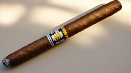 A single cigar lies on a smooth surface, showcasing its rich brown wrapper and decorative band. Soft light highlights its texture and form, emphasizing its premium quality and craftsmanship