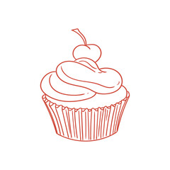 Hand-drawn illustration of a cupcake and dessert in a retro, elegant, flirty style. Line art drawings for birthday menus, posters, cards, and graphic design.