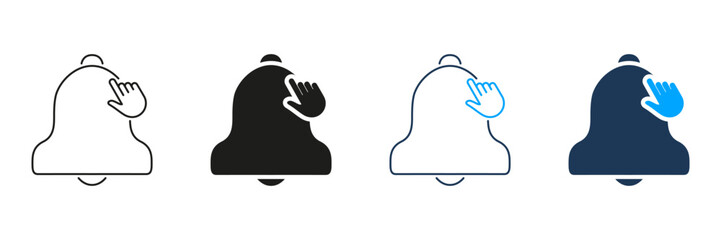 Bell Notification With Hand Gesture Line And Solid Icon Set. Alert Activation, Reminder, And Notification Management Outline And Silhouette Symbol Collection. Isolated Vector Illustration