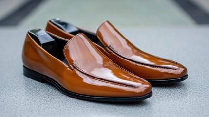 Elegant brown leather slip-on shoes are showcased on a sleek surface in a well-lit environment, highlighting their shiny finish and contemporary design