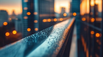Raindrops on a handrail with autumn city blur in background. Quiet and textural macro.