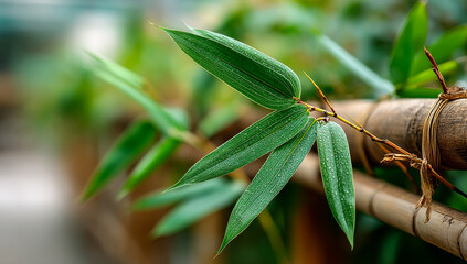 Fototapeta premium Glistening bamboo leaves with dew. Fresh bamboo leaves showcase delicate droplets, highlighting nature's beauty in a lush garden environment.