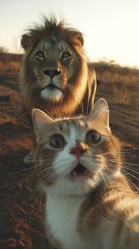 Cat taking selfie with lion in savanna	