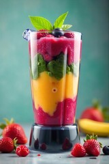 Close-up of a vibrant, colorful blender with mixed ingredients swirling inside, ready to be blended into a delicious smoothie , vitamins, blades, beverage