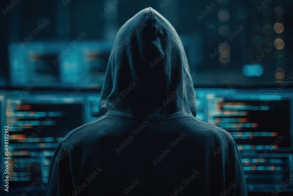 Poster a mysterious hacker in a hood coding on multiple monitors in a dark room, cybersecurity threat conce