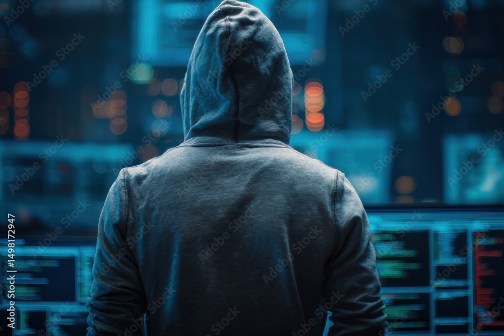 Poster back view of a hacker in hoodie looking at multiple computer screens with codes, working on a cyber 