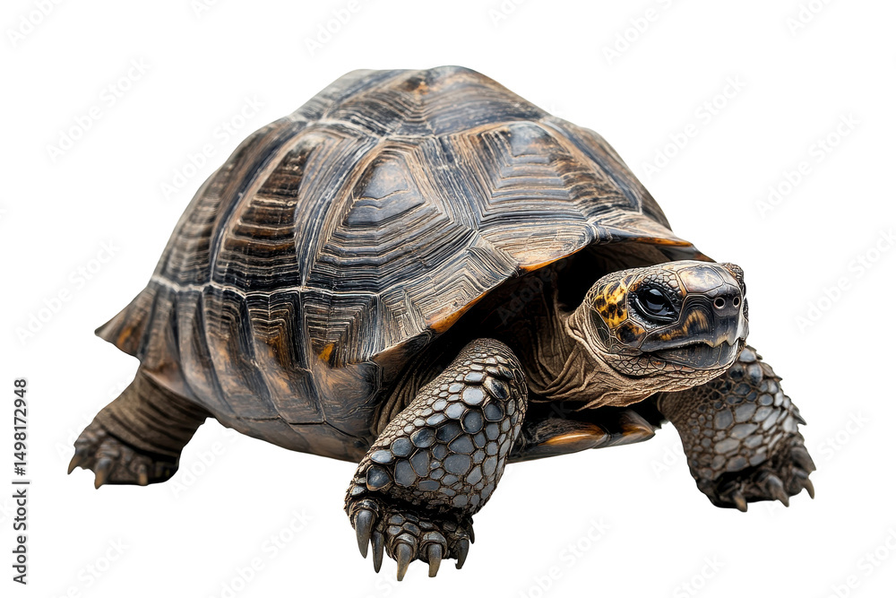 Poster Tortoise moving slowly on a white background showcasing intricate shell patterns and textures in a natural pose