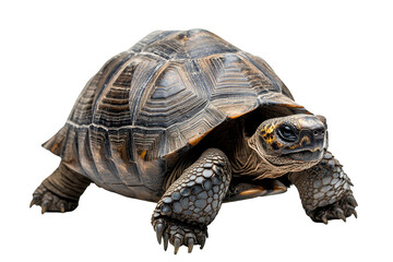 Obraz premium Tortoise moving slowly on a white background showcasing intricate shell patterns and textures in a natural pose