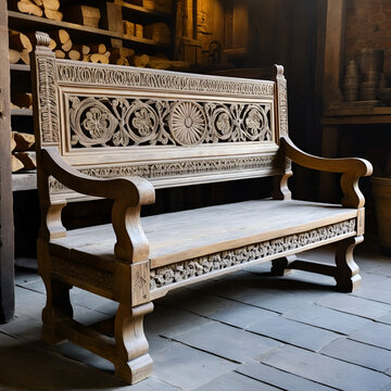 Variant A carved wooden bench in a centuries old workshop displa