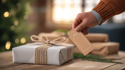 Hand placing tag on wrapped gift box	