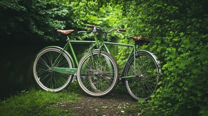 Two green bicycles near a lush green hedge