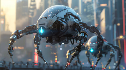 Futuristic spider robots hovering in a city landscape with glowing lights and detailed mechanical design