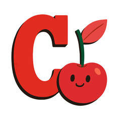 Uppercase Letter C with Cute Cherry – Fruits and Vegetables Alphabet in Retro Pop-Art Style
