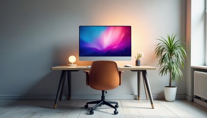 Empty chair at desk facing computer screen, minimalist office, connection, work