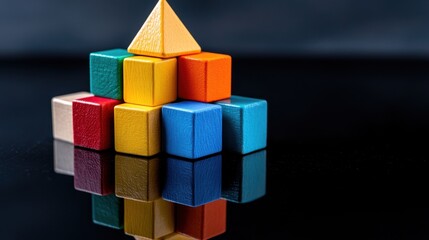 Obraz premium Brightly colored wooden blocks are stacked to form a pyramid on a shiny black surface. The arrangement includes various shapes and vivid colors, showcasing creativity and playfulness