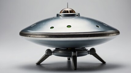 Retro metallic ufo model with landing legs on light grey background, riveted metal body and dome top. Concept of vintage sci-fi and mechanical alien design