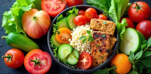 A vibrant and healthy lunch spread featuring a colorful array of fresh vegetables, grains, and lean protein, perfect for a light and nutritious midday meal ,  takeaway,  clean eating,  nutrition