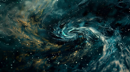 Obraz premium A swirling galaxy with teal and gold hues and scattered stars in a dark cosmic background view