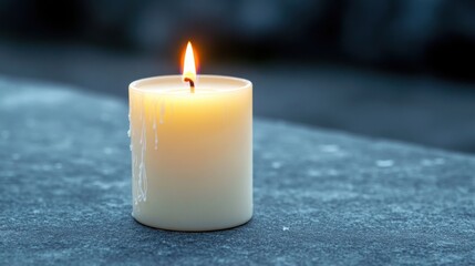 A white candle emits a gentle flame, sitting on a cool stone. The surrounding atmosphere is tranquil as twilight deepens, creating a peaceful ambiance