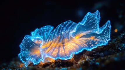 Glowing sea slug illuminated in dark ocean depths.