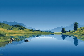 Serene Mountain Lake Reflections A Calm Landscape with Rolling Hills and Clear Waters for Natu