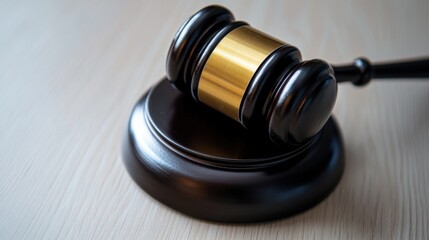 A wooden gavel with a shiny metallic band sits prominently on a smooth surface, representing authority and justice
