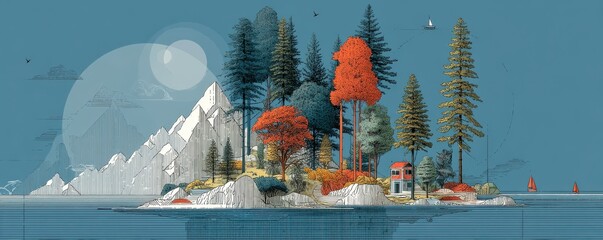 Obraz premium Scenic illustration of tranquil island with trees and mountains