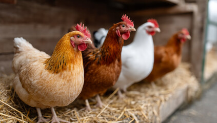 Chickens on straw at a farm. A group of chickens with various colors rests on straw inside a rustic barn, showcasing farm life and animal care.