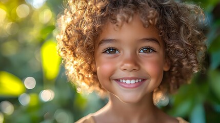 A joyful child with curly hair laughing under the summer sun