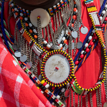 Africa, Kenya. Masai Mara National Reserve, Mara Ashnil. Masai tribal jewelry and ornamentation.